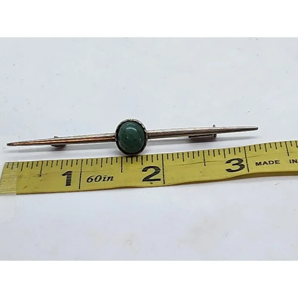 Antique Long Bar Brooch Pin Sterling Silver Jade Cabochon Tie Suite Collar Hat